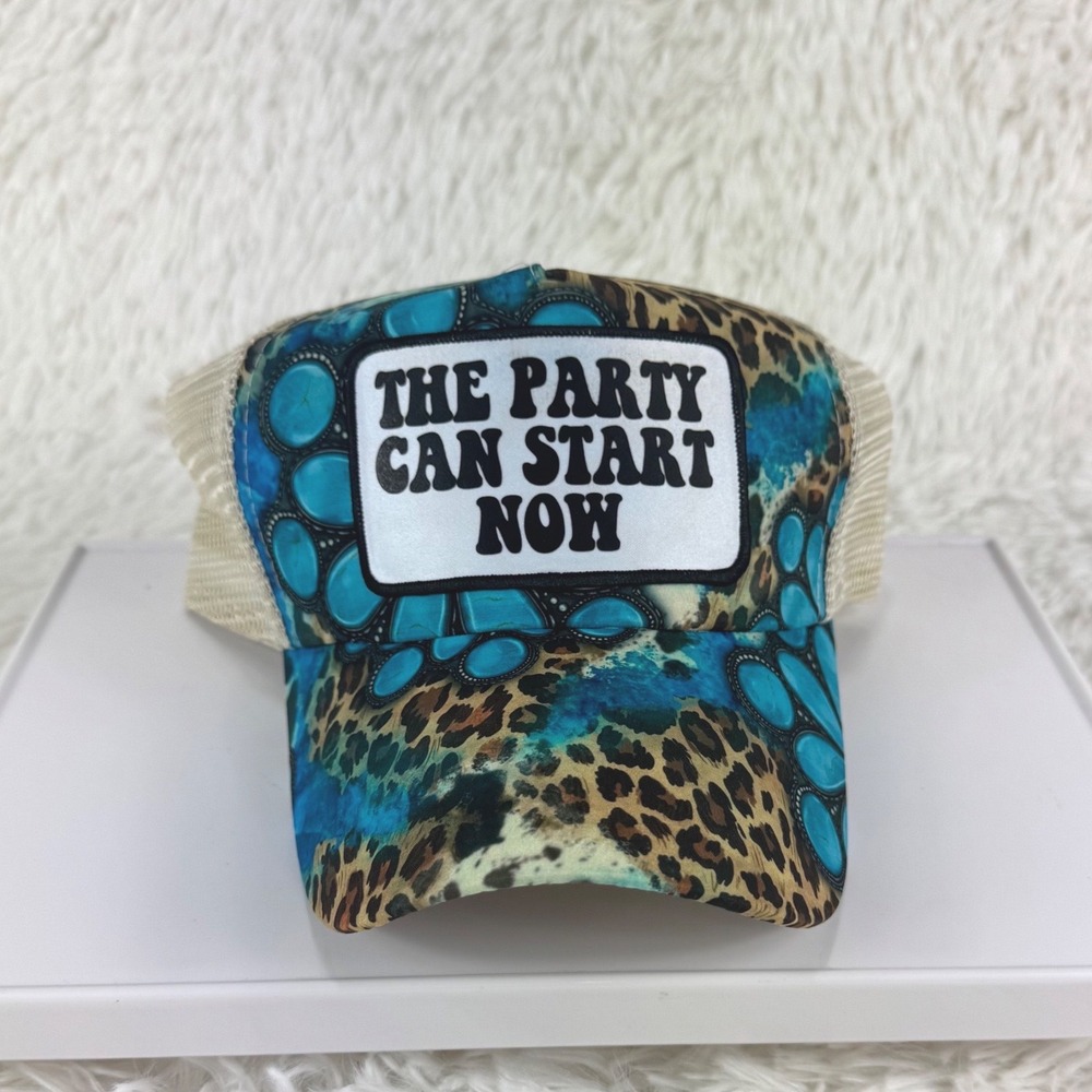 The Party Can Start Now Leopard Turquoise Ponytail Trucker Hat – New